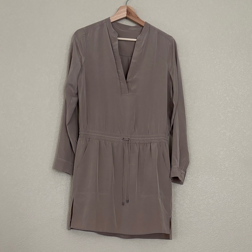 Vince 100% Silk Taupe Drawstring Shirt Dress